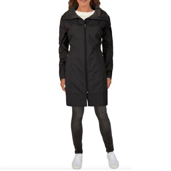 COLE HAAN Packable Raincoat Women XS Black Hooded Drawstring Feminine Whimsygoth - Picture 1 of 16